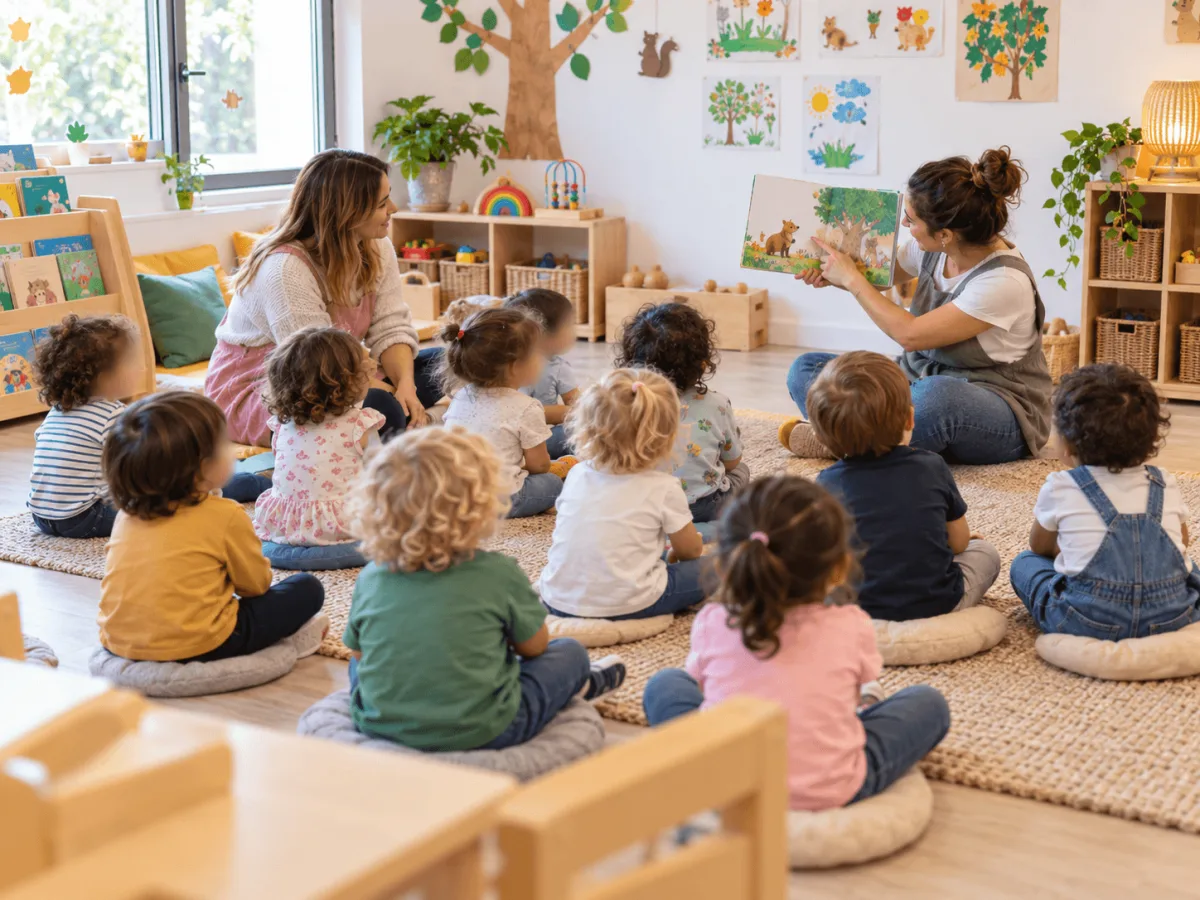Grupo de niños pequeños sentados en círculo mientras dos educadoras comparten un cuento en un aula infantil.